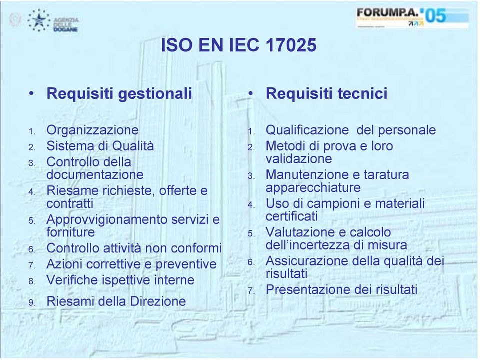 Riesami della Direzione Requisiti tecnici 1. Qualificazione del personale 2. Metodi di prova e loro validazione 3.