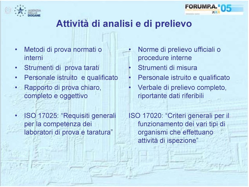 istruito e qualificato Verbale di prelievo completo, riportante dati riferibili ISO 17025: Requisiti generali per la competenza dei