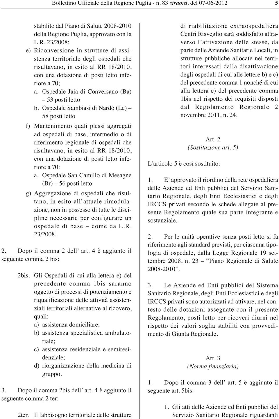 Ospedale Sambiasi di Nardò (Le) 58 posti letto f) Mantenimento quali plessi aggregati ad ospedali di base, intermedio o di riferimento regionale di ospedali che risultavano, in esito al, con una