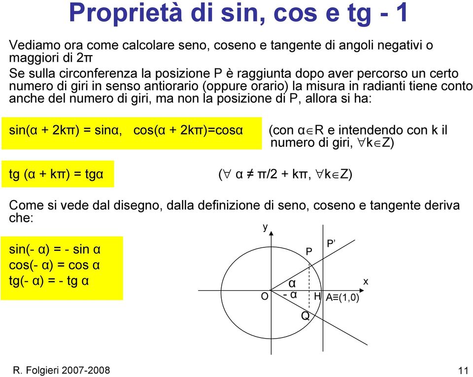 posizione di P, allora si ha: sin(α + 2kπ) = sinα, cos(α + 2kπ)=cosα (con α R e intendendo con k il numero di giri, k Z) tg (α + kπ) = tgα ( α π/2 + kπ, k Z) Come