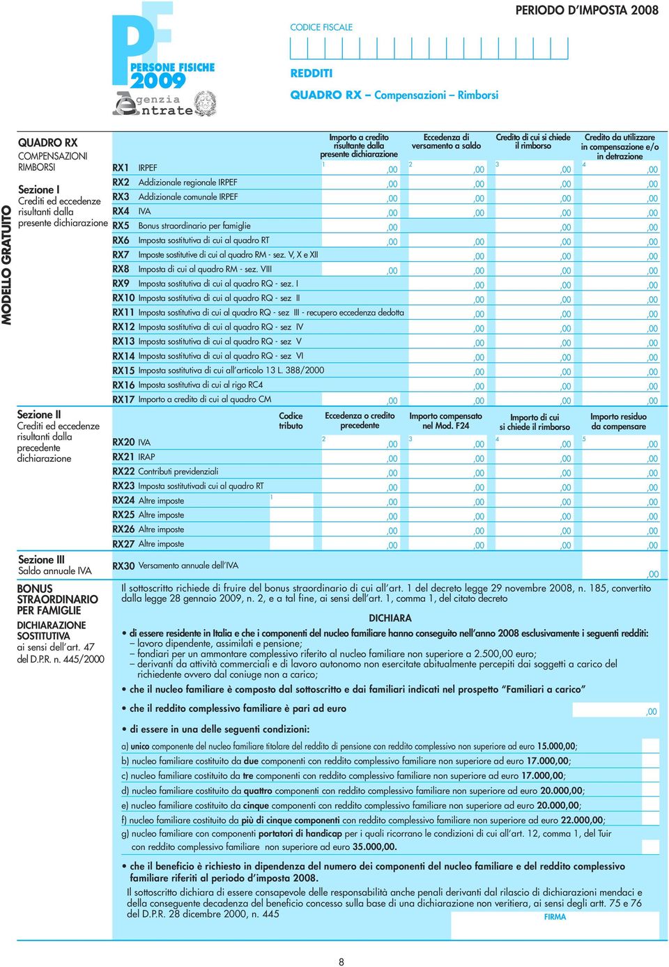 /000 Importo a credito risultante dalla presente dichiarazione Eccedenza di versamento a saldo Credito di cui si chiede il rimborso Credito da utilizzare in compensazione e/o in detrazione IRPEF