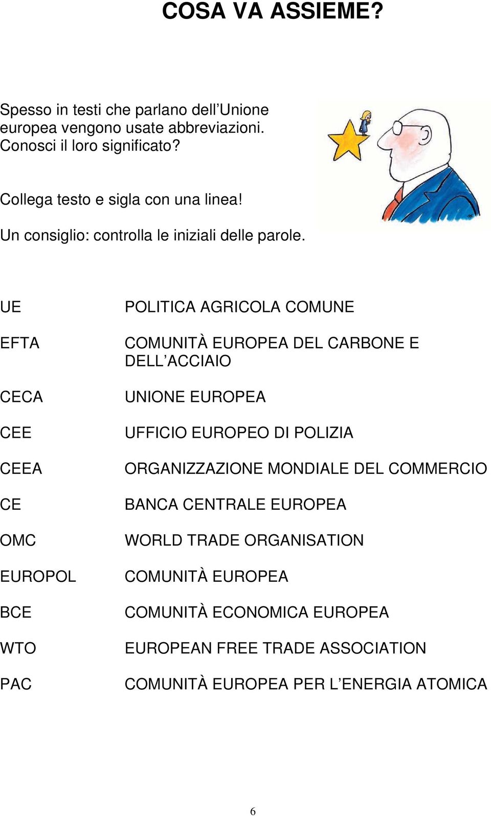 UE EFTA CECA CEE CEEA CE OMC EUROPOL BCE WTO PAC POLITICA AGRICOLA COMUNE COMUNITÀ EUROPEA DEL CARBONE E DELL ACCIAIO UNIONE EUROPEA UFFICIO