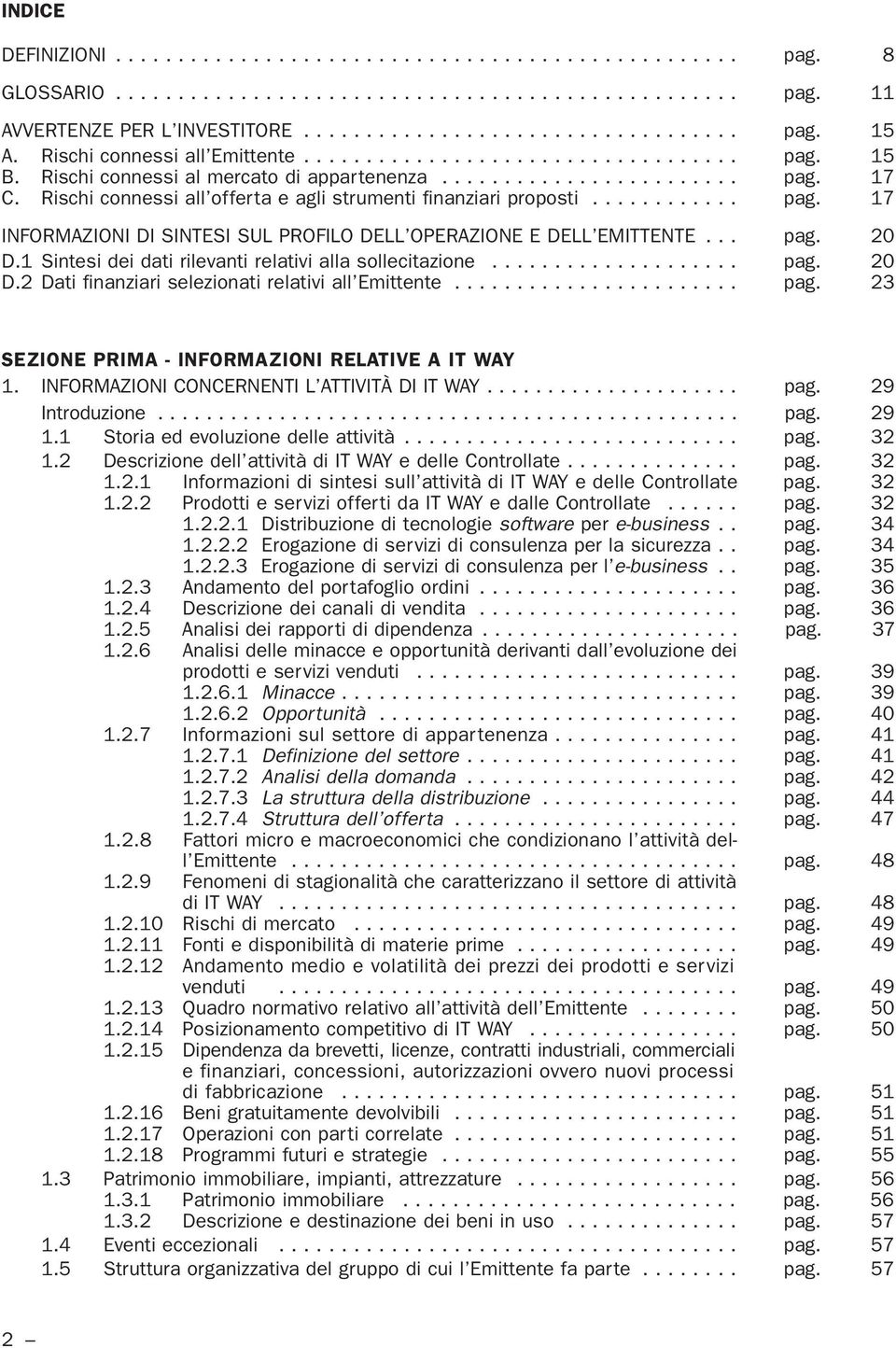 Rischi connessi all offerta e agli strumenti finanziari proposti............ pag. 17 INFORMAZIONI DI SINTESI SUL PROFILO DELL OPERAZIONE E DELL EMITTENTE... pag. 20 D.