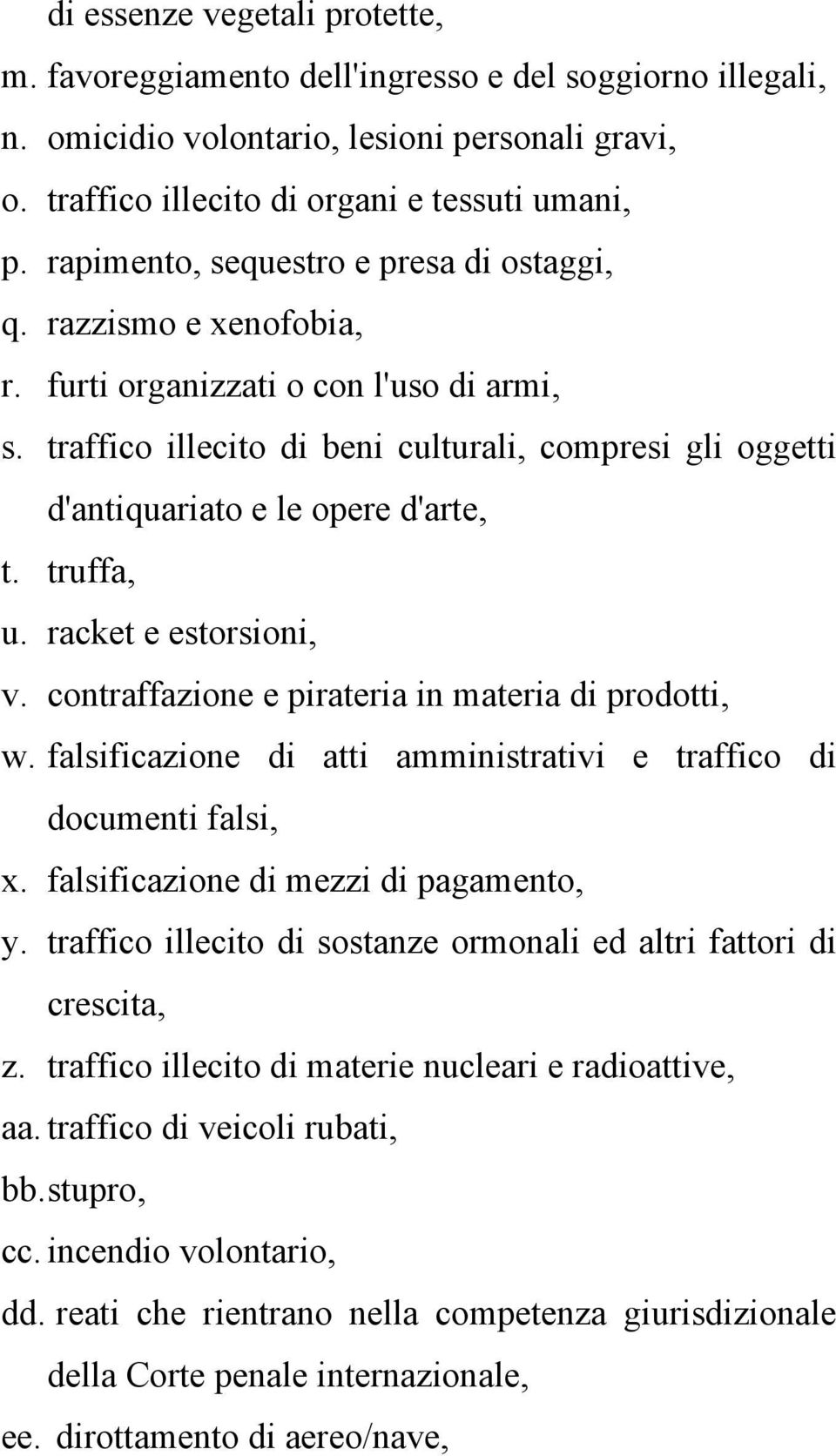 traffico illecito di beni culturali, compresi gli oggetti d'antiquariato e le opere d'arte, t. truffa, u. racket e estorsioni, v. contraffazione e pirateria in materia di prodotti, w.