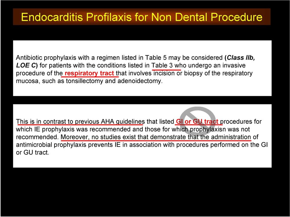 This is in contrast to previous AHA guidelines that listed GI or GU tract procedures for which IE prophylaxis was recommended and those for which prophylaxisn was not