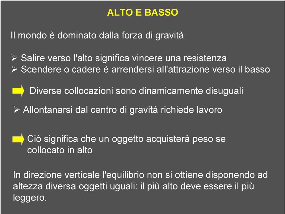 centro di gravità richiede lavoro Ciò significa che un oggetto acquisterà peso se collocato in alto In direzione