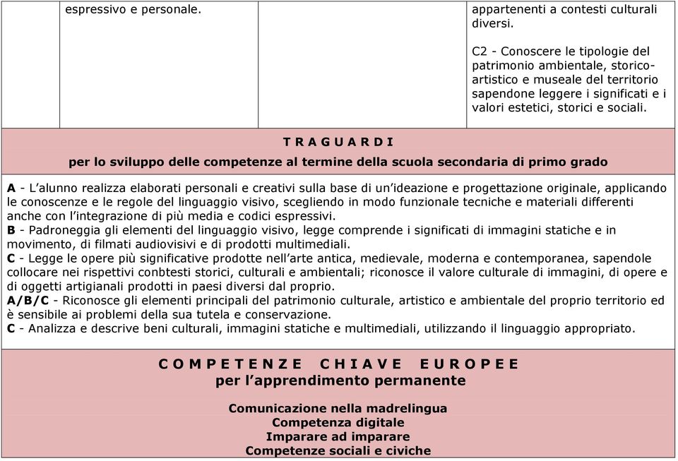 T R A G U A R D I per lo sviluppo delle competenze al termine della scuola secondaria di primo grado A - L alunno realizza elaborati personali e creativi sulla base di un ideazione e progettazione