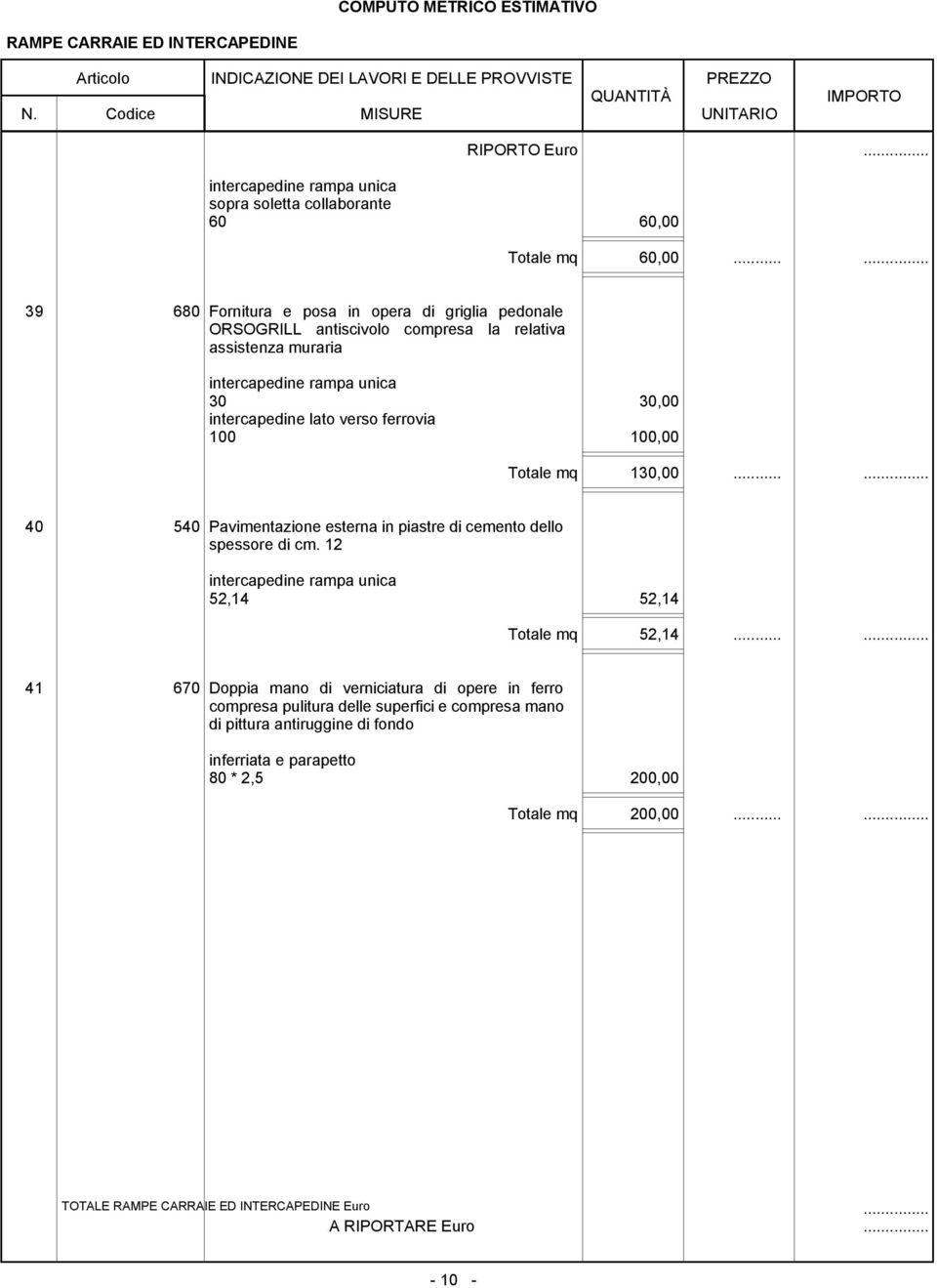 verso ferrovia 100 100,00 Totale mq 130,00...... 40 540 Pavimentazione esterna in piastre di cemento dello spessore di cm. 12 intercapedine rampa unica 52,14 52,14 Totale mq 52,14.