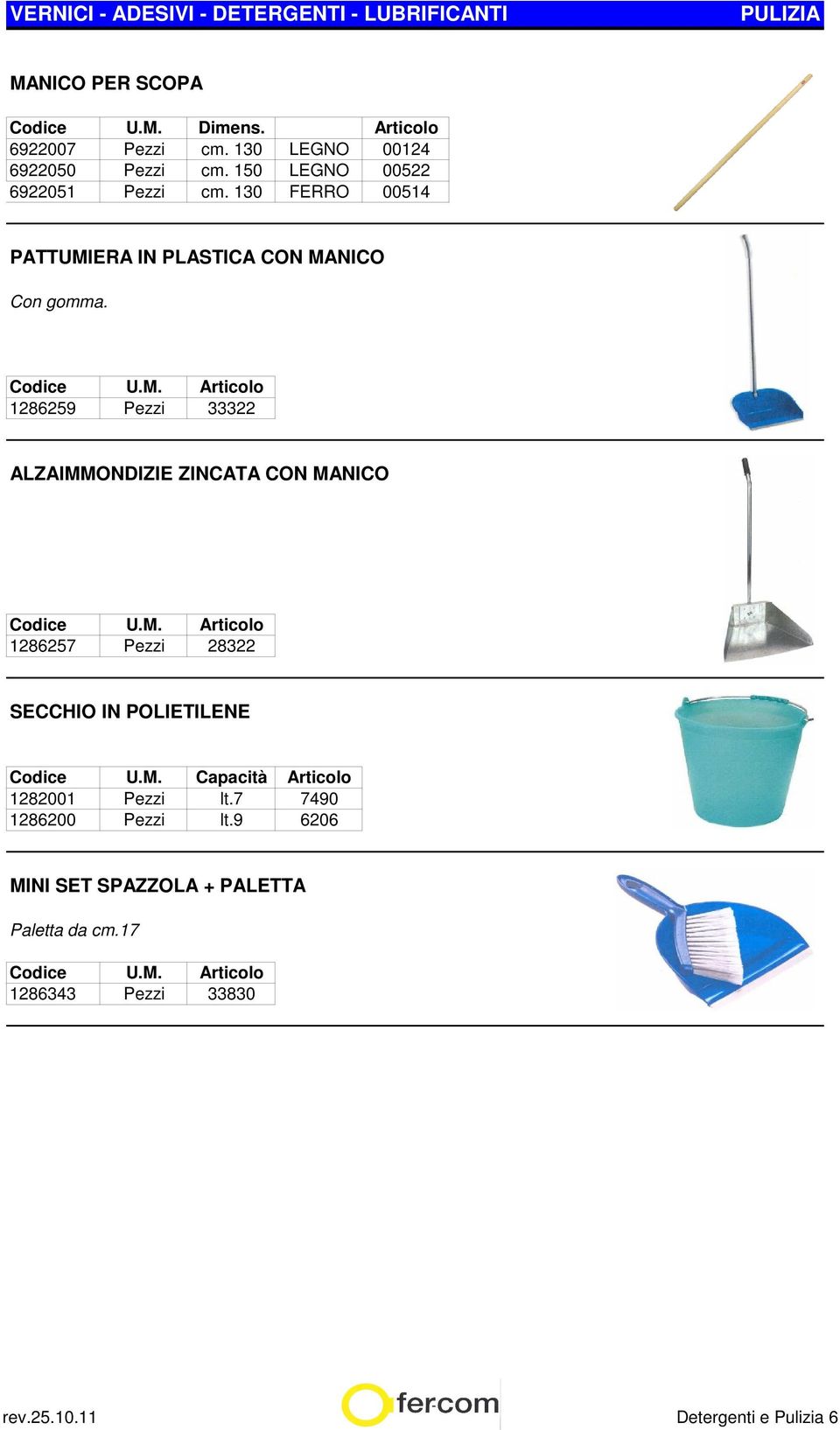 1286259 Pezzi 33322 ALZAIMMONDIZIE ZINCATA CON MANICO 1286257 Pezzi 28322 SECCHIO IN POLIETILENE Capacità