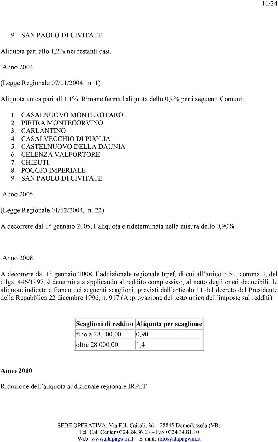 CHIEUTI 8. POGGIO IMPERIALE 9. SAN PAOLO DI CIVITATE Anno 2005: (Legge Regionale 01/12/2004, n. 22) A decorrere dal 1 gennaio 2005, l aliquota è rideterminata nella misura dello 0,90%.