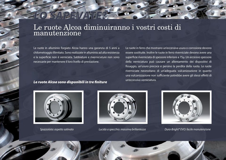 Le ruote Alcoa sono disponibili in tre finiture Le ruote in ferro che mostrano un eccessiva usura o corrosione devono essere sostituite.