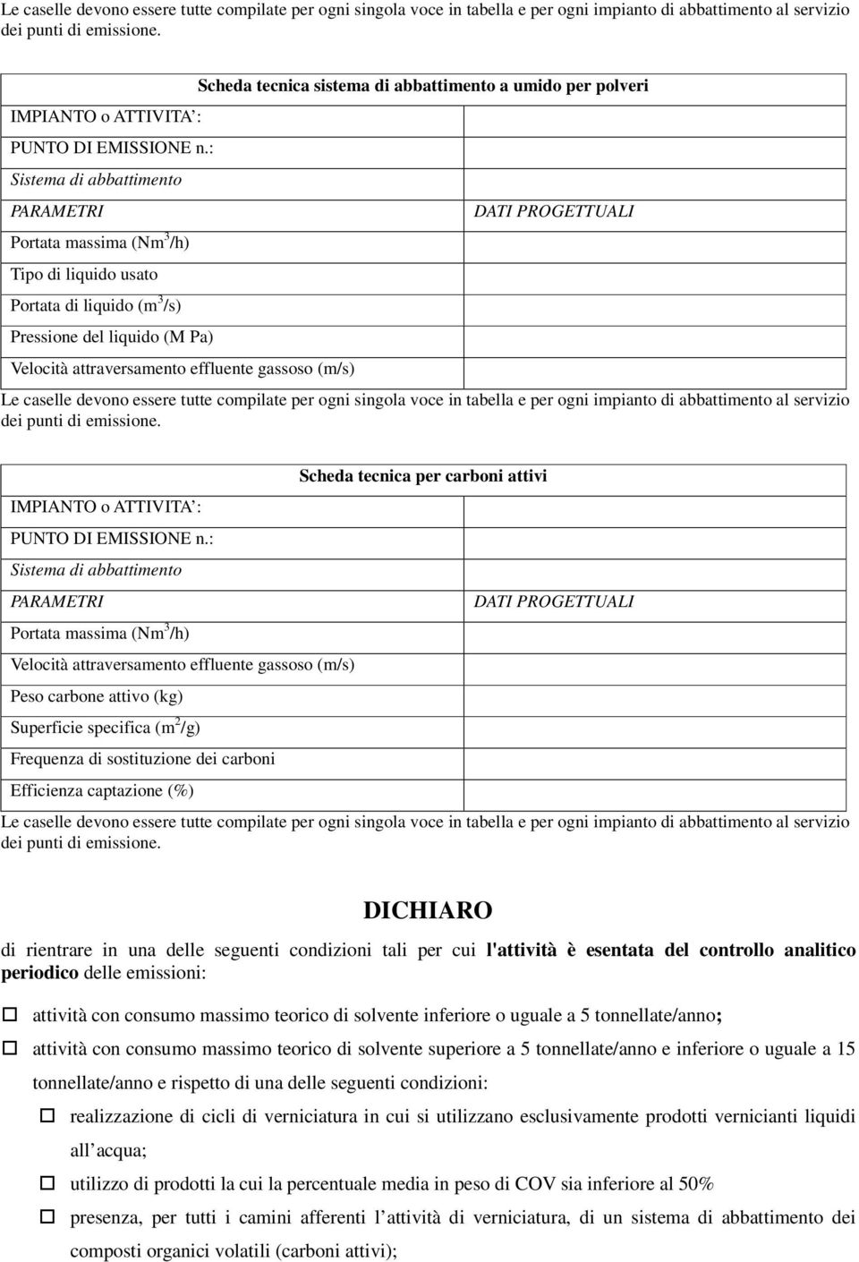 umido per polveri  Portata massima (Nm 3 /h) Velocità attraversamento effluente gassoso (m/s) Peso carbone attivo (kg) Superficie specifica (m 2 /g) Frequenza di sostituzione dei carboni Efficienza