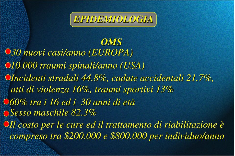 7%, atti di violenza 16%, traumi sportivi 13% 60% tra i 16 ed i 30 anni di età Sesso