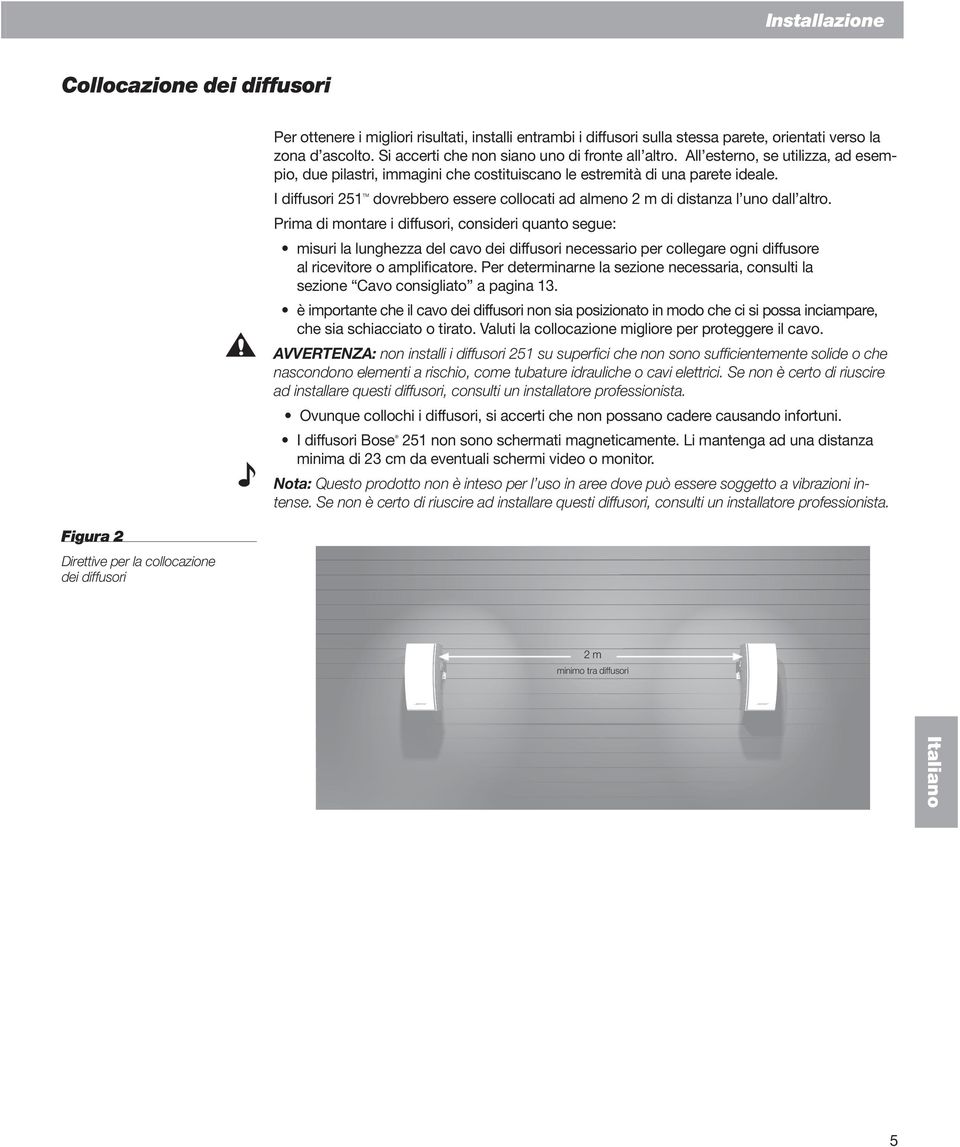 I diffusori 251 TM dovrebbero essere collocati ad almeno 2 m di distanza l uno dall altro.