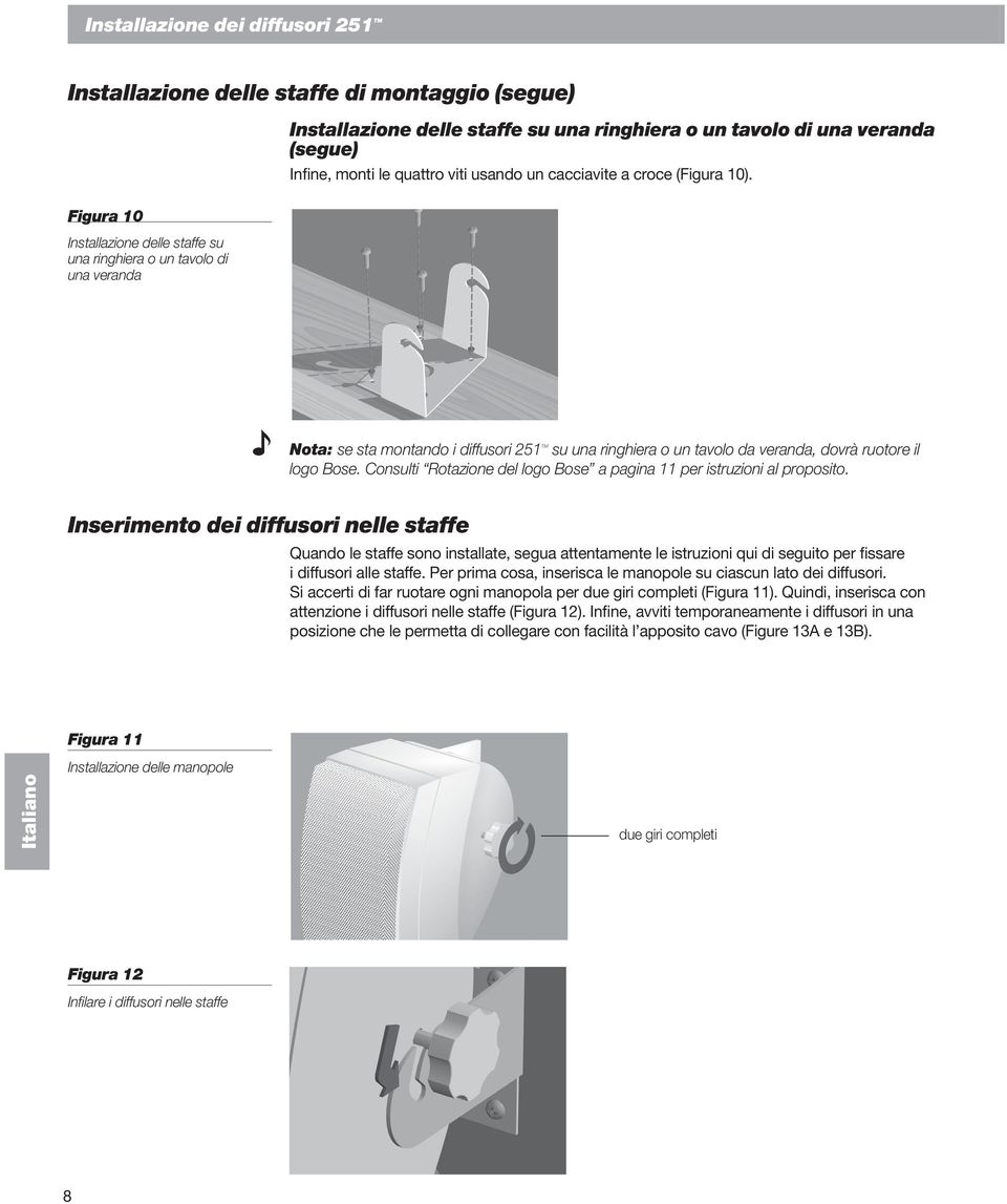 Nota: se sta montando i diffusori 251 TM su una ringhiera o un tavolo da veranda, dovrà ruotore il logo Bose. Consulti Rotazione del logo Bose a pagina 11 per istruzioni al proposito.