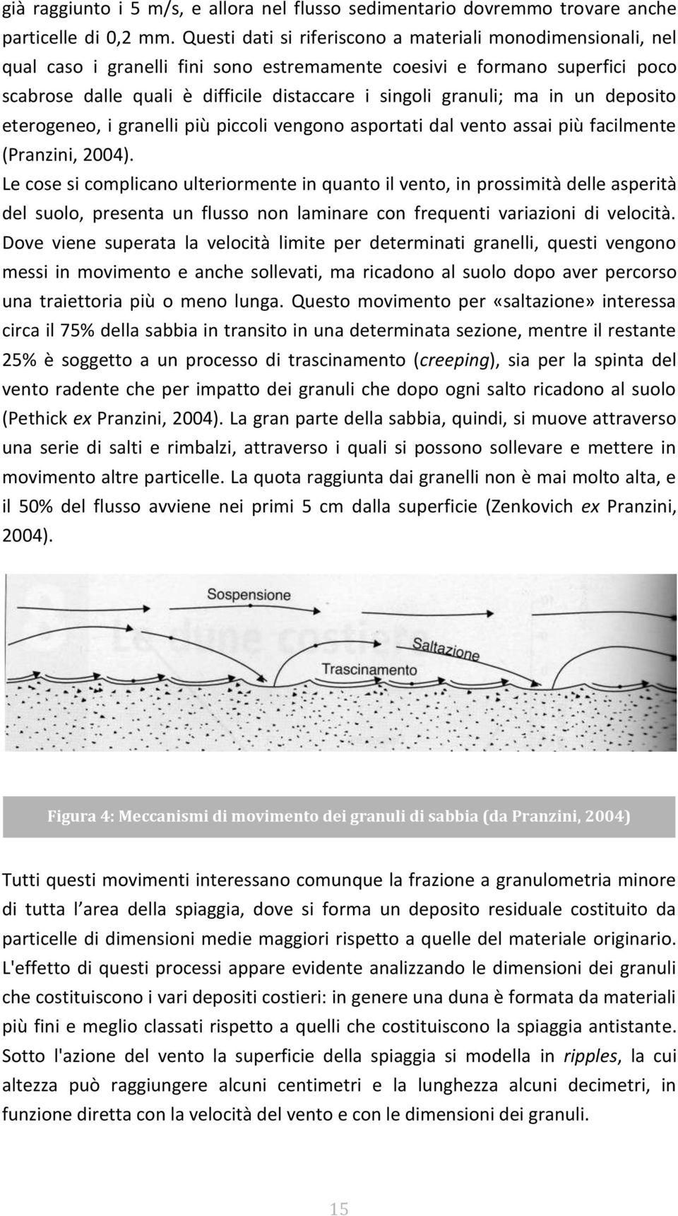 granuli; ma in un deposito eterogeneo, i granelli più piccoli vengono asportati dal vento assai più facilmente (Pranzini, 2004).