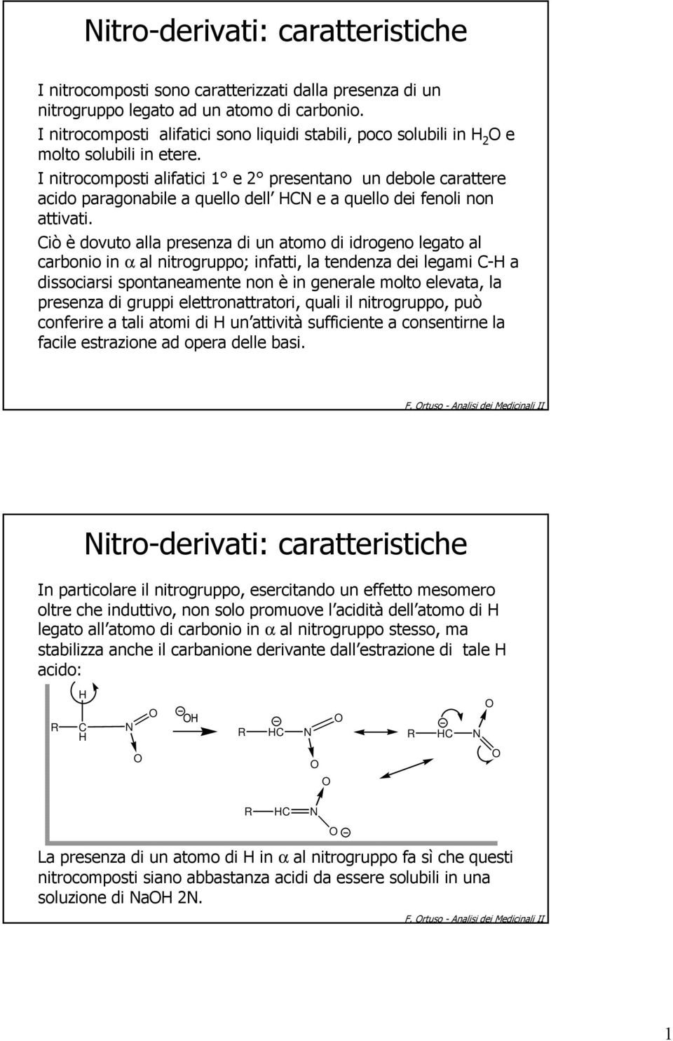 I nitrocomposti alifatici 1 e 2 presentano un debole carattere acido paragonabile a quello dell N e a quello dei fenoli non attivati.