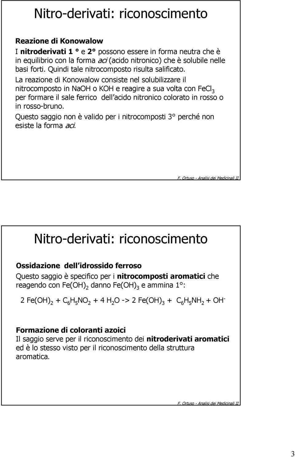 La reazione di Konowalow consiste nel solubilizzare il nitrocomposto in Na o K e reagire a sua volta con Fel 3 per formare il sale ferrico dell acido nitronico colorato in rosso o in rosso-bruno.