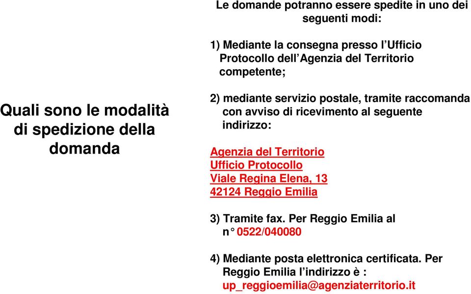 ricevimento al seguente indirizzo: Agenzia del Territorio Ufficio Protocollo Viale Regina Elena, 13 42124 Reggio Emilia 3) Tramite fax.