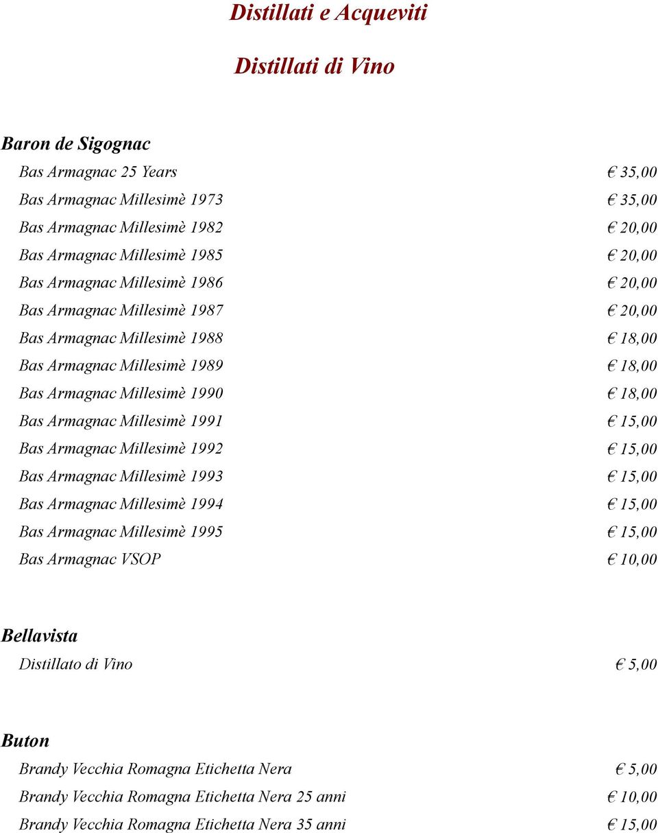 Armagnac Millesimè 1992 Bas Armagnac Millesimè 1993 Bas Armagnac Millesimè 1994 Bas Armagnac Millesimè 1995 Bas Armagnac VSOP 35,00 35,00 18,00 18,00 18,00