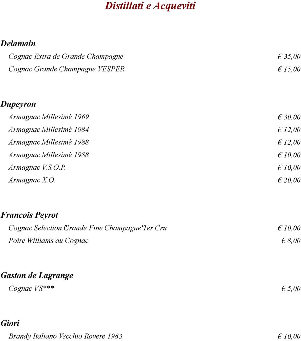 S.O.P. Armagnac X.O. 30,00 12,00 12,00 Francois Peyrot Cognac Selection "Grande Fine Champagne"1er
