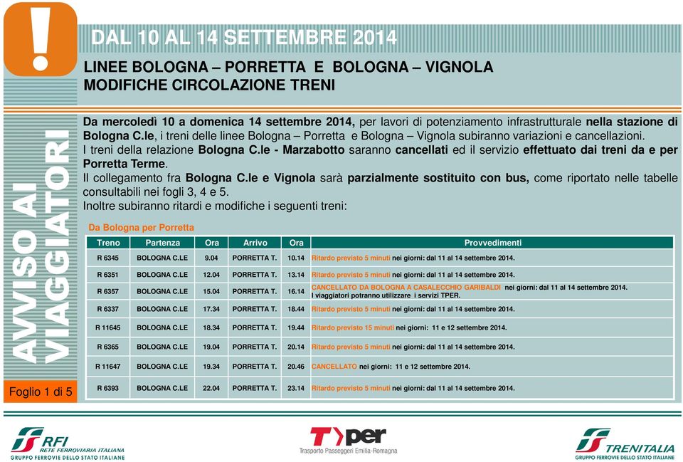 le - Marzabotto saranno cancellati ed il servizio effettuato dai treni da e per Porretta Terme. Il collegamento fra Bologna C.