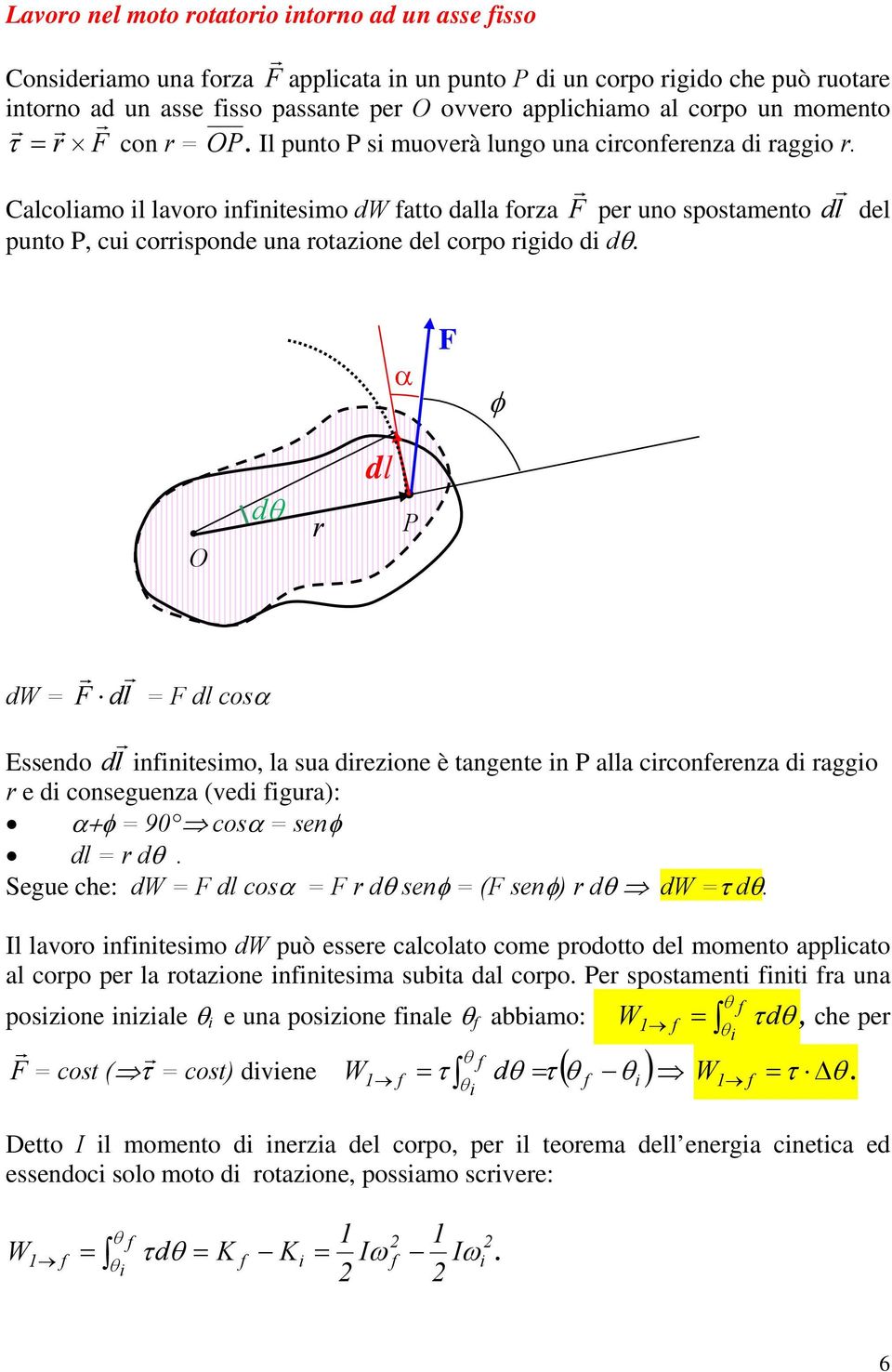 α F φ dθ dl P dw = F dl = F dl cosα Essendo dl nfntesmo, la sua dezone è tangente n P alla cconfeenza d aggo e d conseguenza (ved fgua): α+φ = 90 cosα = senφ dl = dθ.