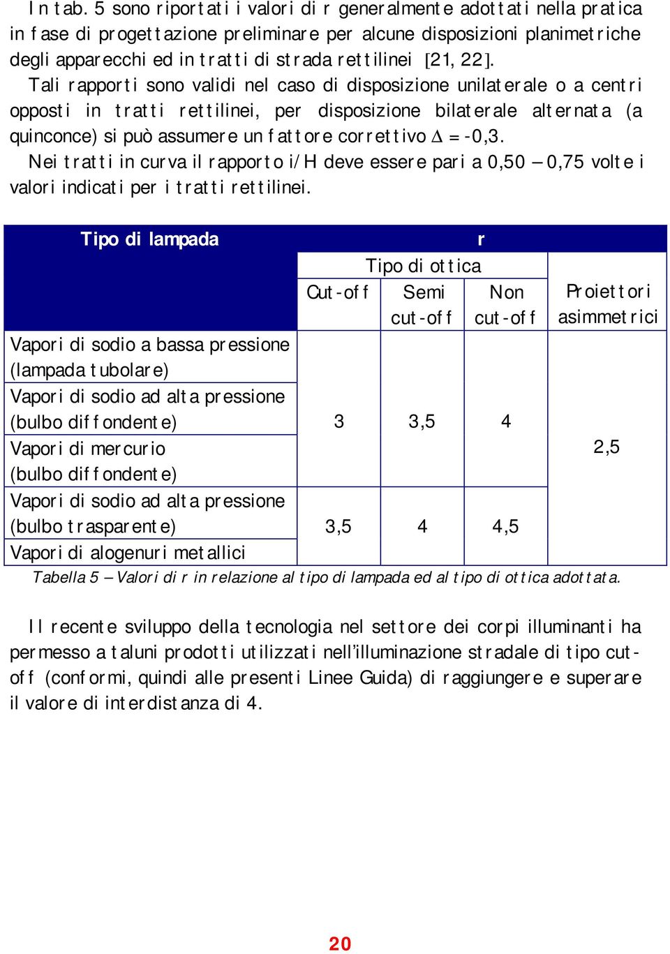 22]. Tali rapporti sono validi nel caso di disposizione unilaterale o a centri opposti in tratti rettilinei, per disposizione bilaterale alternata (a quinconce) si può assumere un fattore correttivo