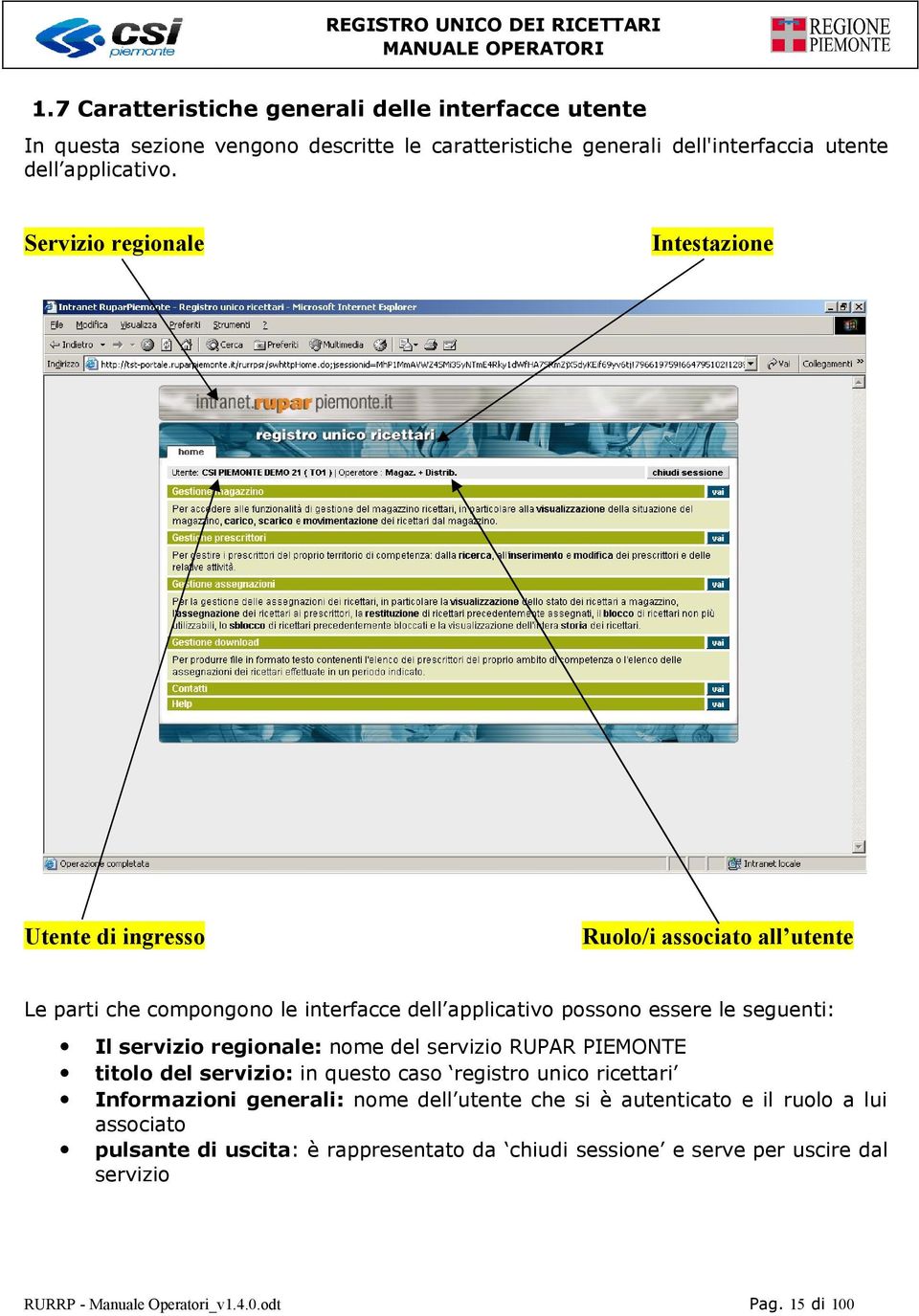 Servizio regionale Intestazione Utente di ingresso Ruolo/i associato all utente Le parti che compongono le interfacce dell applicativo possono essere le