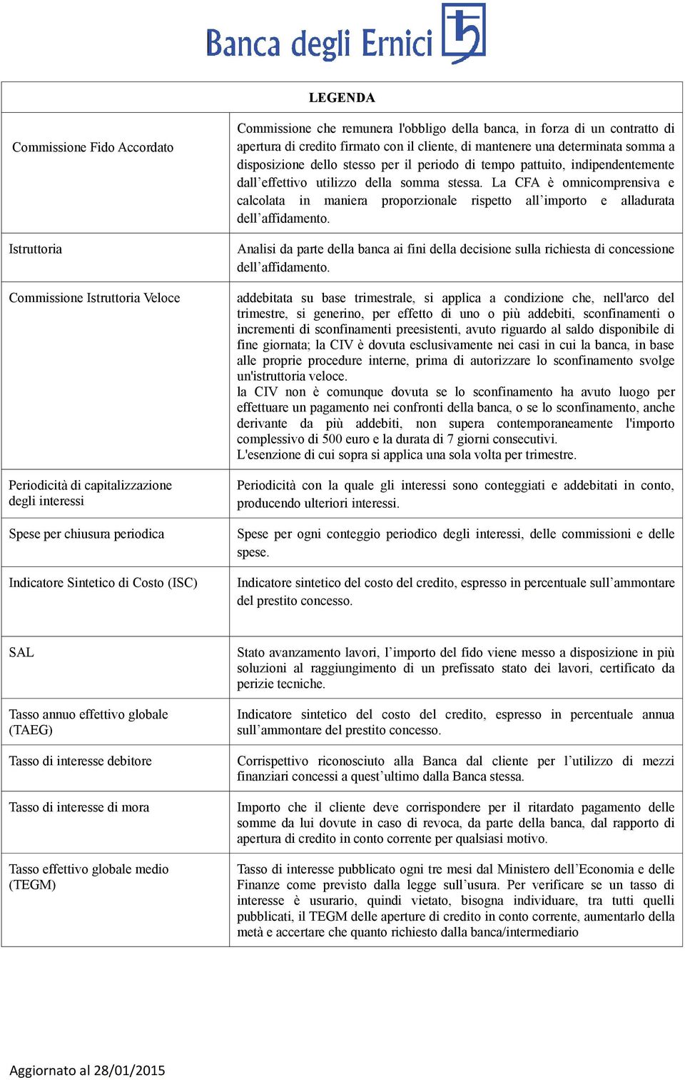 di tempo pattuito, indipendentemente dall effettivo utilizzo della somma stessa. La CFA è omnicomprensiva e calcolata in maniera proporzionale rispetto all importo e alladurata dell affidamento.