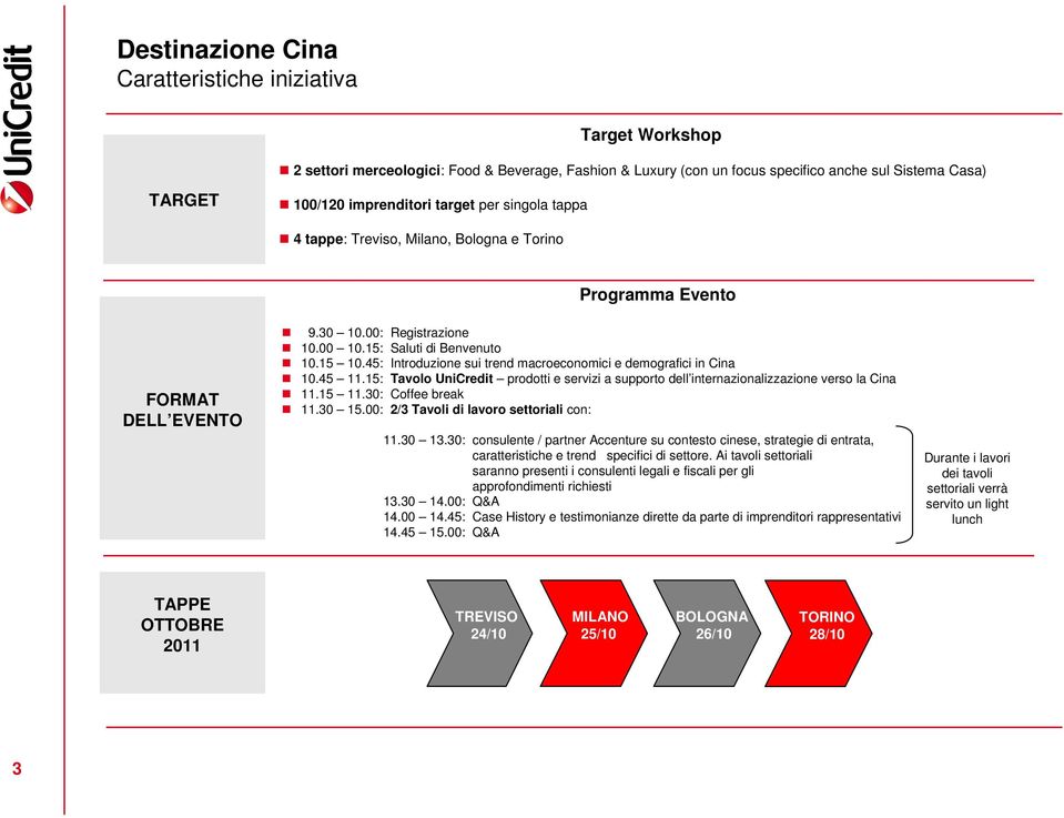 45: Introduzione sui trend macroeconomici e demografici in Cina 10.45 11.15: Tavolo UniCredit prodotti e servizi a supporto dell internazionalizzazione verso la Cina 11.15 11.30: Coffee break 11.