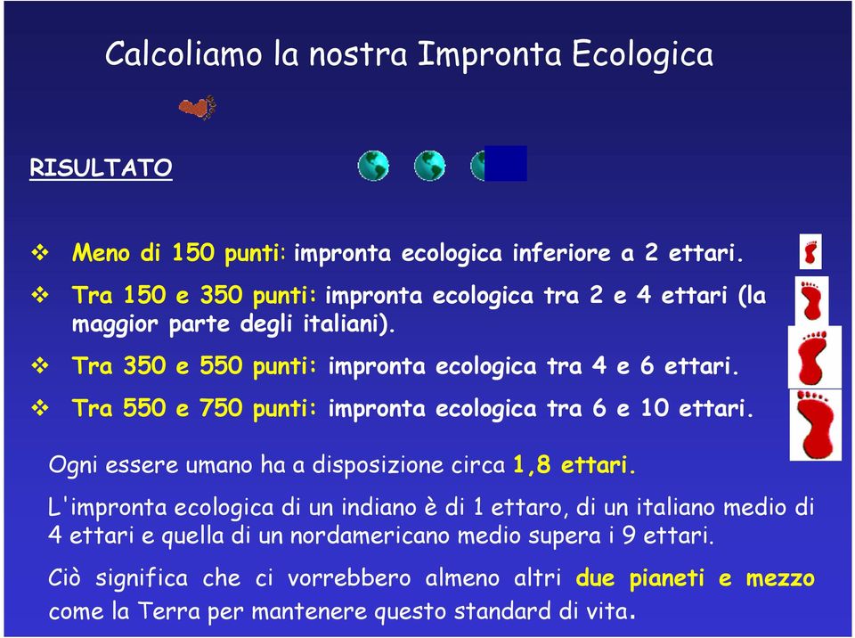 Tra 350 e 550 punti: impronta ecologica tra 4 e 6 ettari. Tra 550 e 750 punti: impronta ecologica tra 6 e 10 ettari.