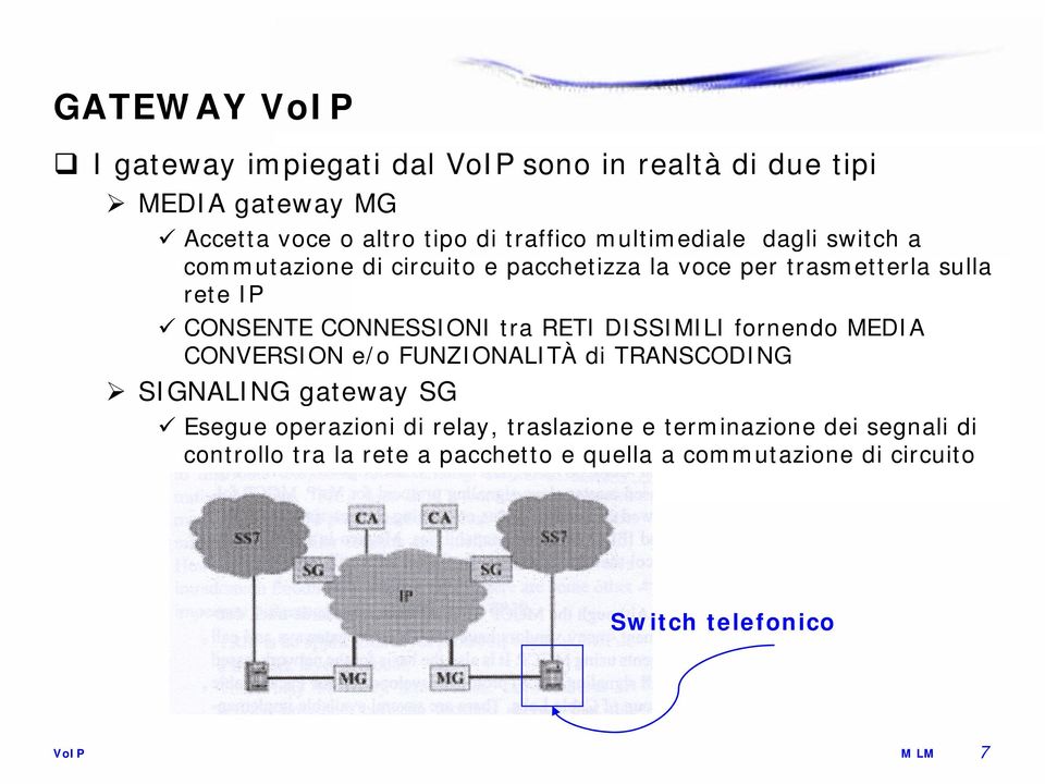 CONNESSIONI tra RETI DISSIMILI fornendo MEDIA CONVERSION e/o FUNZIONALITÀ di TRANSCODING SIGNALING gateway SG Esegue