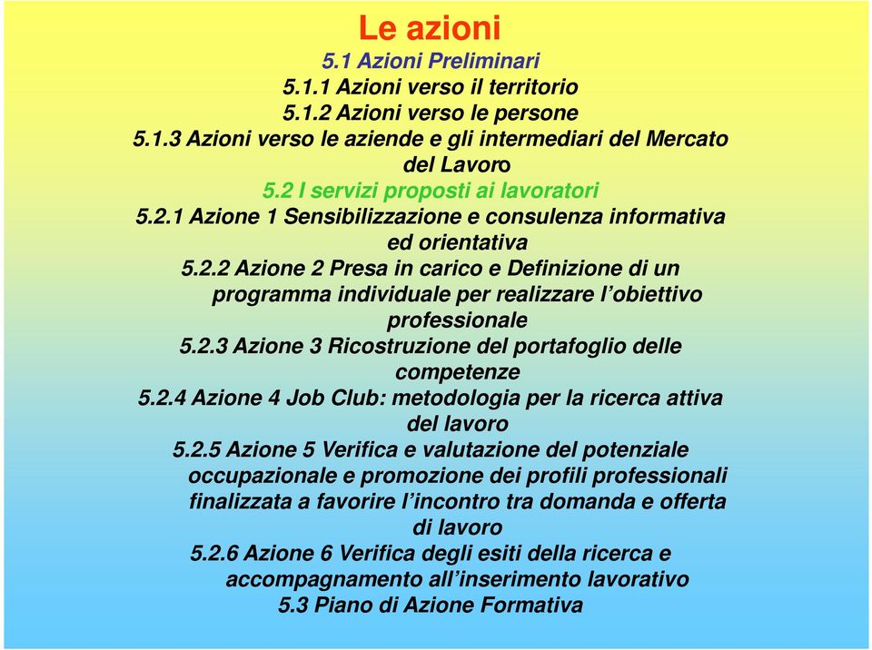 2.3 Azione 3 Ricostruzione del portafoglio delle competenze 5.2.4 Azione 4 Job Club: metodologia per la ricerca attiva del lavoro 5.2.5 Azione 5 Verifica e valutazione del potenziale occupazionale e promozione dei profili professionali finalizzata a favorire l incontro tra domanda e offerta di lavoro 5.