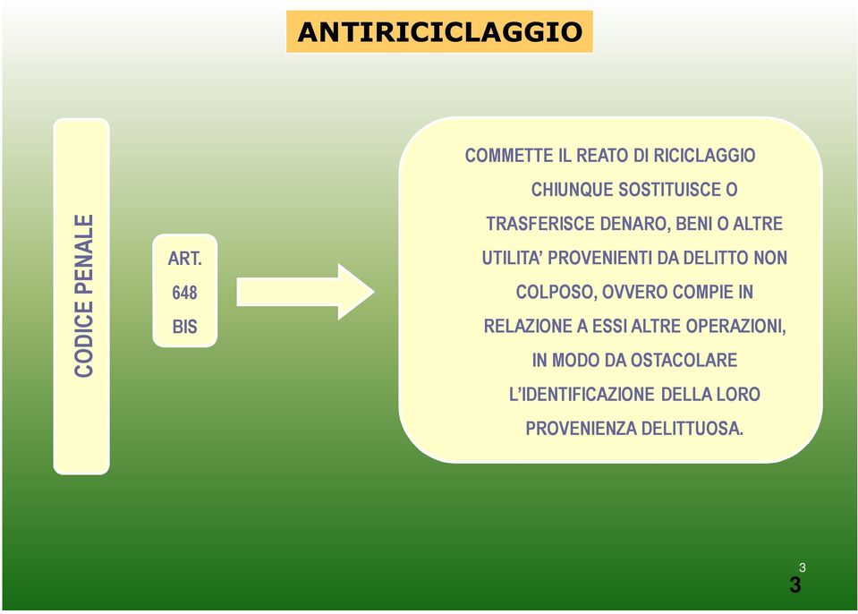 648 BIS TRASFERISCE DENARO, BENI O ALTRE UTILITA PROVENIENTI DA DELITTO NON