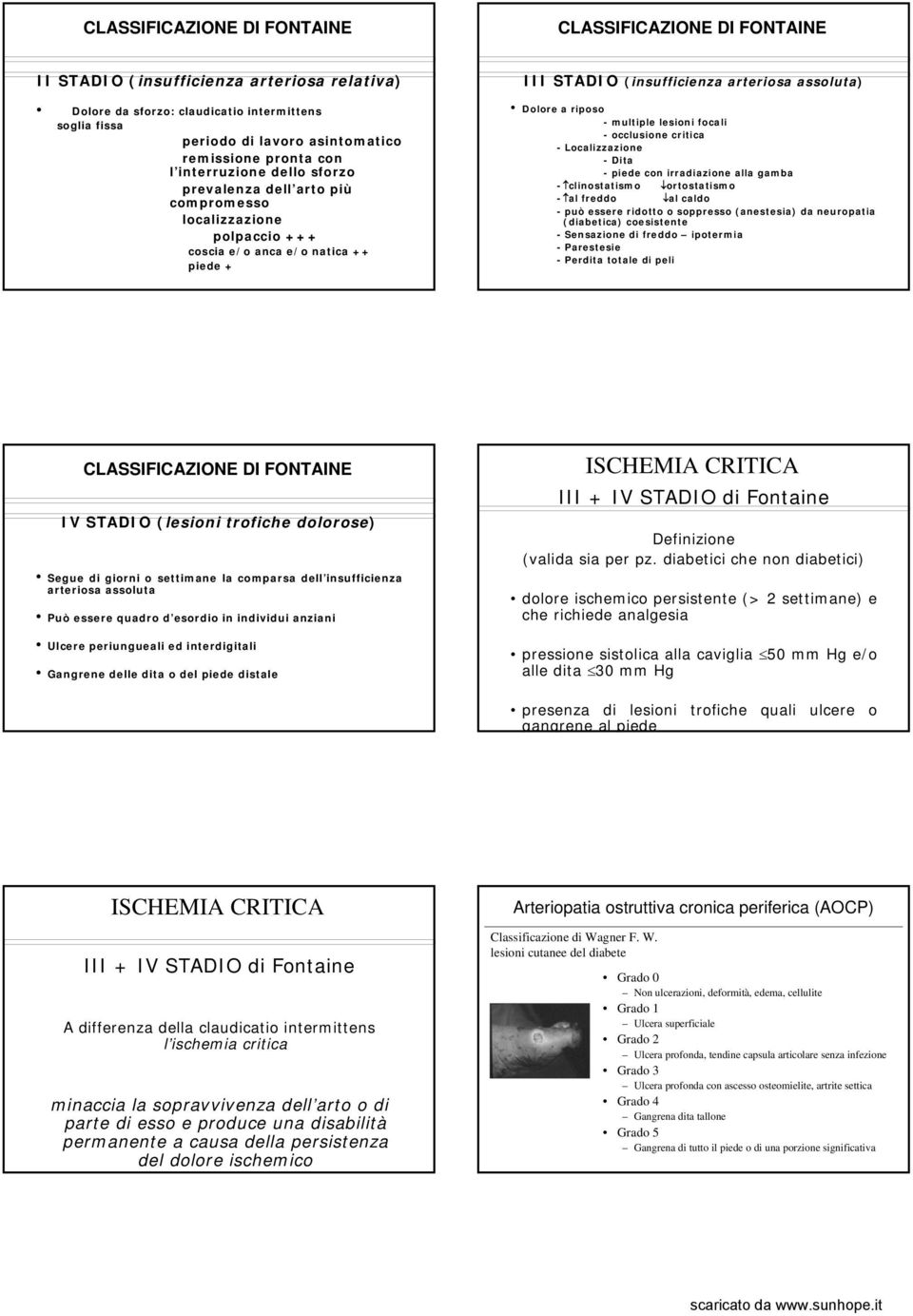 riposo - multiple lesioni focali - occlusione critica - Localizzazione -Dita - piede con irradiazione alla gamba - clinostatismo ortostatismo - al freddo al caldo - può essere ridotto o soppresso