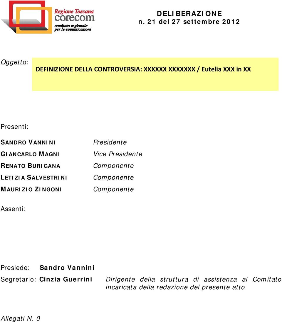 Componente Componente Componente Assenti: Presiede: Sandro Vannini Segretario: Cinzia Guerrini