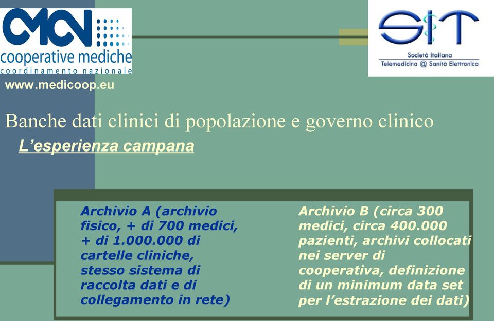 000 di cartelle cliniche, stesso sistema di raccolta dati e di collegamento in rete) Archivio