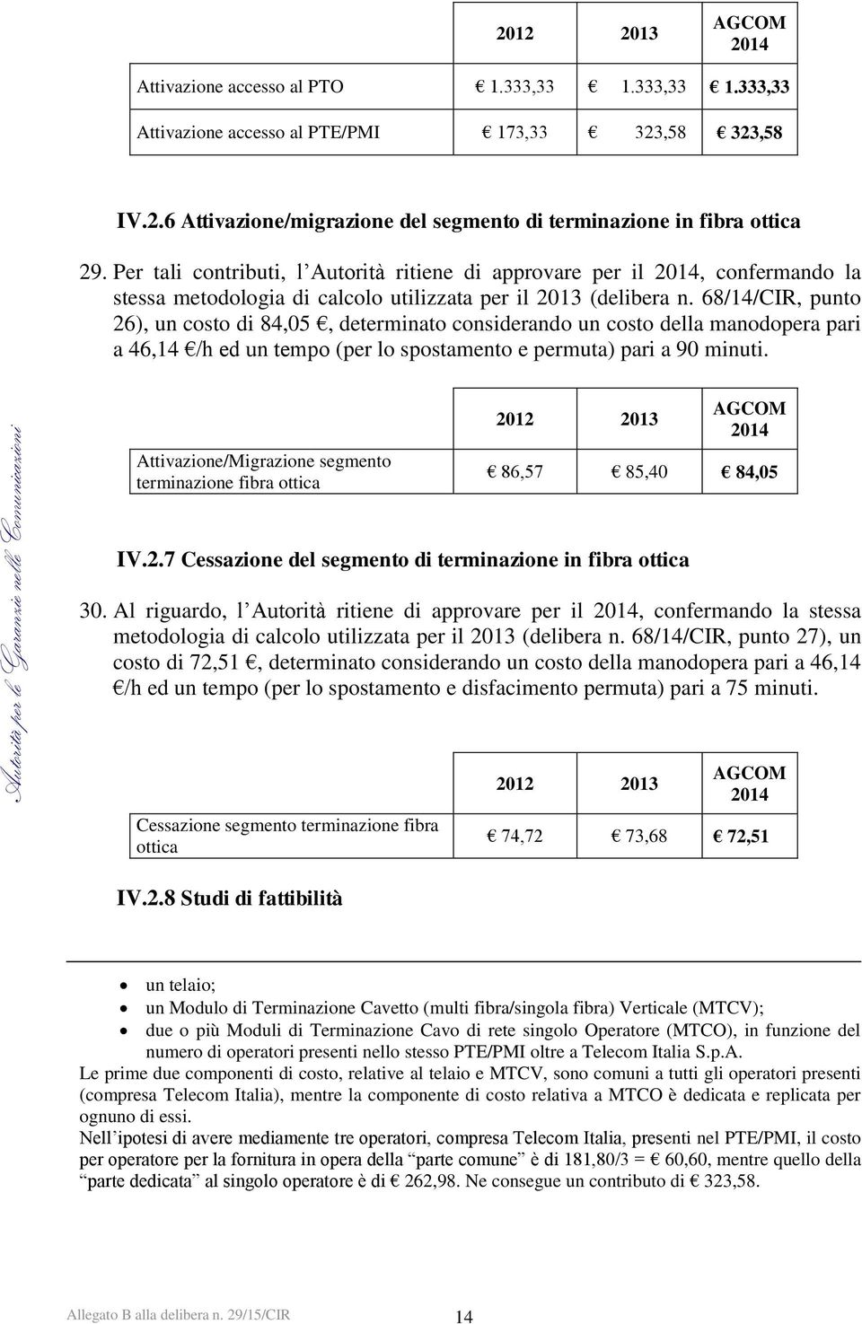 68/14/CIR, punto 26), un costo di 84,05, determinato considerando un costo della manodopera pari a 46,14 /h ed un tempo (per lo spostamento e permuta) pari a 90 minuti.