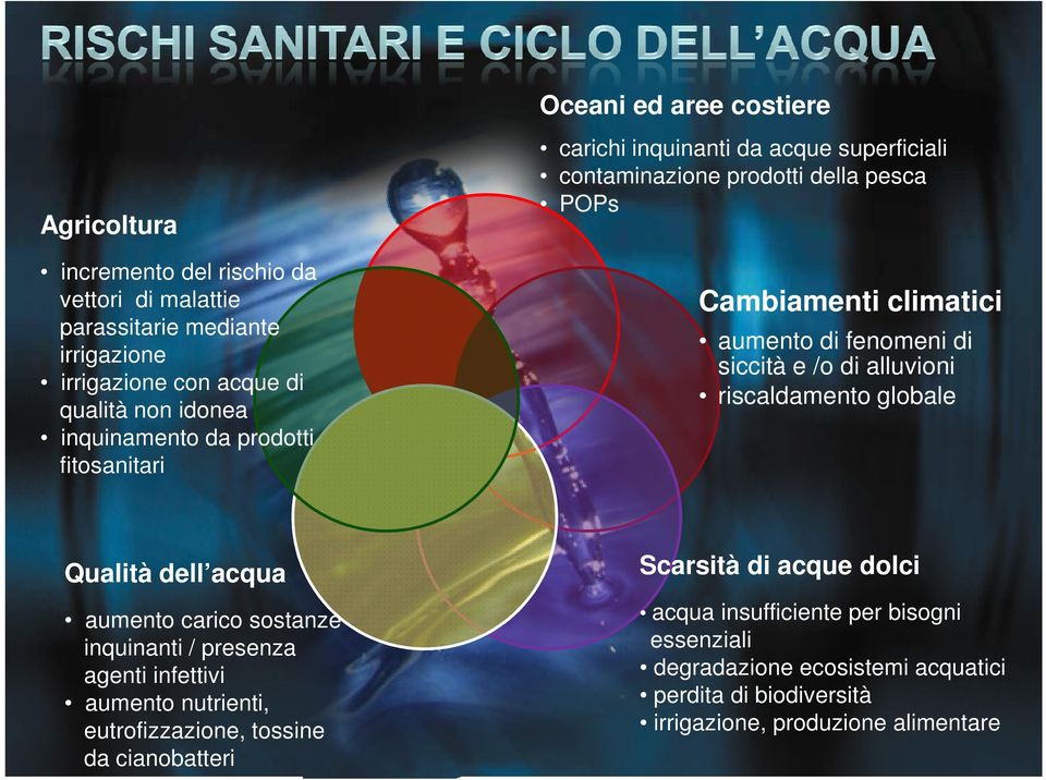 siccità e /o di alluvioni riscaldamento globale Qualità dell acqua Scarsità di acque dolci aumento carico sostanze inquinanti / presenza agenti infettivi aumento