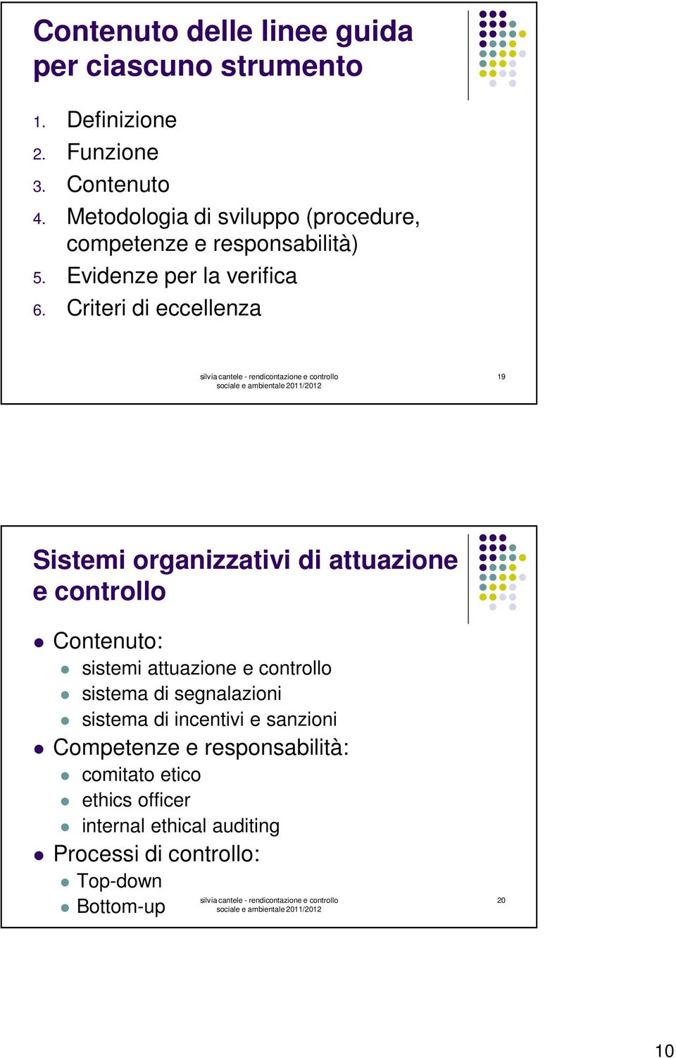 Criteri di eccellenza 19 Sistemi organizzativi di attuazione e controllo Contenuto: sistemi attuazione e controllo sistema