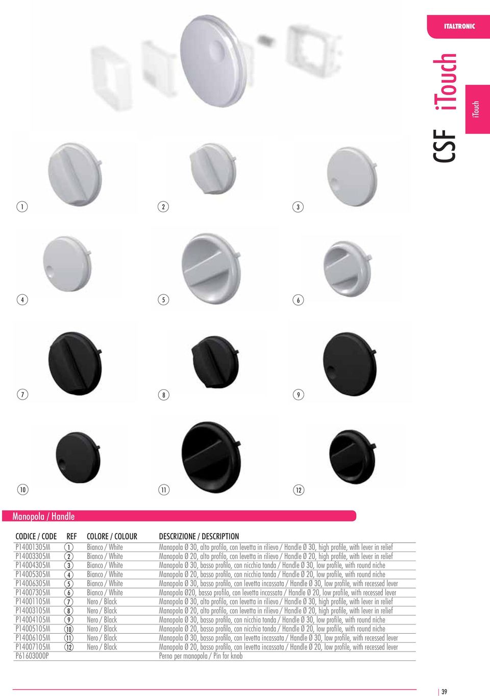 30, low profile, with round niche P14005305M 4 Bianco / White Manopola Ø 20, basso profilo, con nicchia tonda / Handle Ø 20, low profile, with round niche P14006305M 5 Bianco / White Manopola Ø 30,