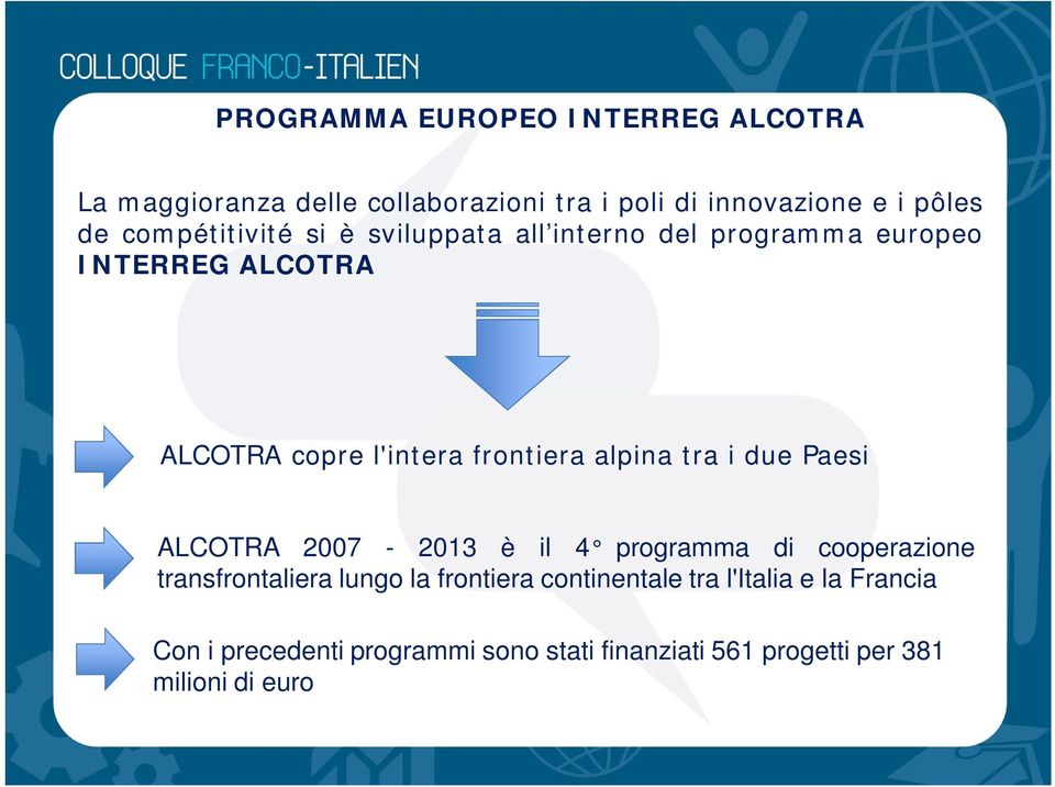 alpina tra i due Paesi ALCOTRA 2007-2013 è il 4 programma di cooperazione transfrontaliera lungo la frontiera