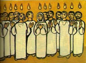 Maria e gli apostoli sono riuniti in preghiera nella sala, dove è apparso Gesù risorto.