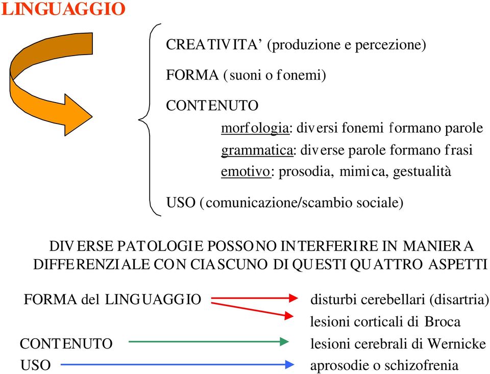 PATOLOGIE POSSONO INTERFERIRE IN MANIERA DIFFE RENZIALE CO N CIA SCUNO DI QUESTI QU ATTRO ASPETTI FORMA del LINGUAGGIO