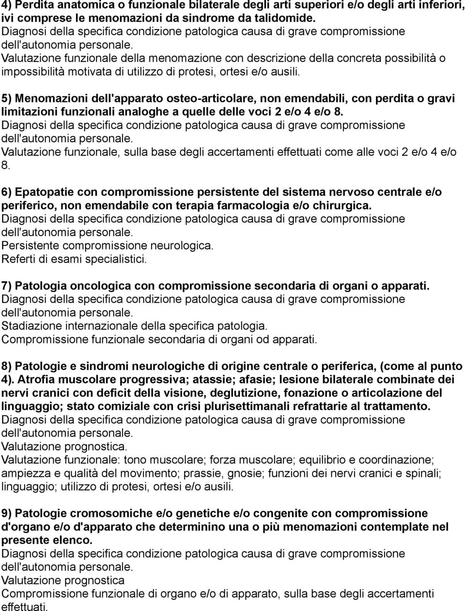 5) Menomazioni dell'apparato osteo-articolare, non emendabili, con perdita o gravi limitazioni funzionali analoghe a quelle delle voci 2 e/o 4 e/o 8.