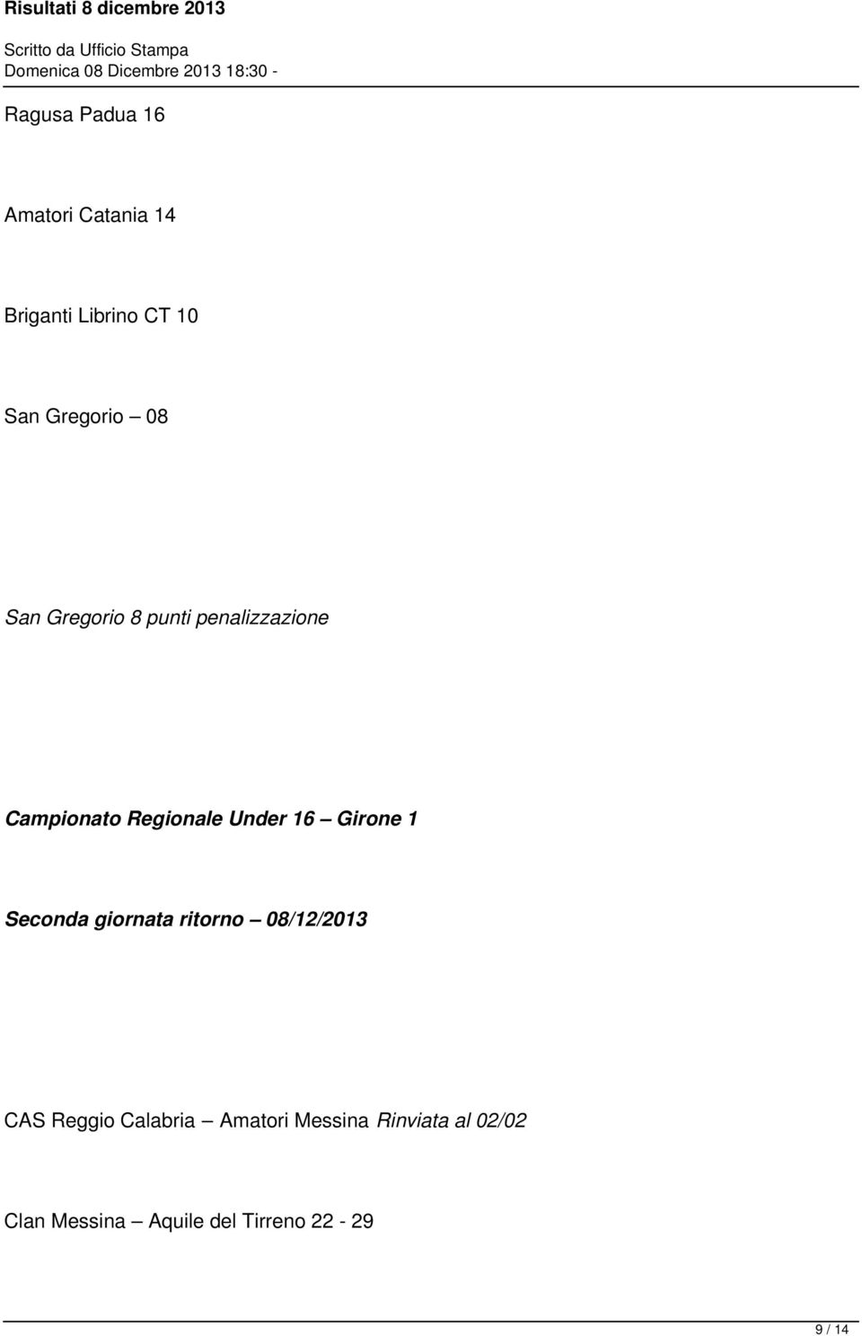 Girone 1 Seconda giornata ritorno 08/12/2013 CAS Reggio Calabria