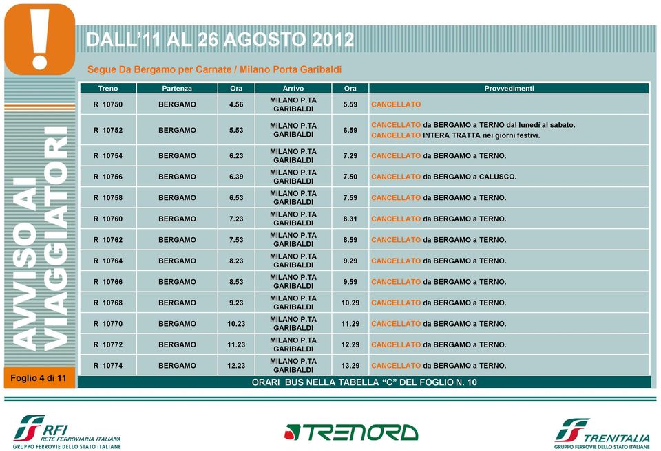 23 R 10766 BERGAMO 8.53 R 10768 BERGAMO 9.23 R 10770 BERGAMO 10.23 R 10772 BERGAMO 11.23 R 10774 BERGAMO 12.23 7.29 CANCELLATO da BERGAMO a TERNO. 7.50 CANCELLATO da BERGAMO a CALUSCO. 7.59 CANCELLATO da BERGAMO a TERNO.