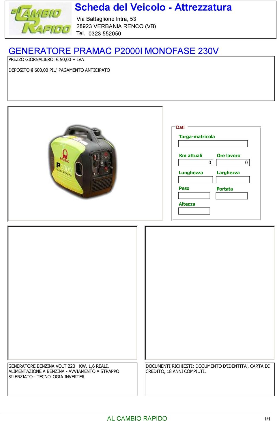 GENERATORE BENZINA VOLT 22 KW. 1,6 REALI.