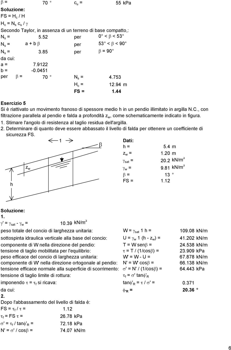 , con filtrazione parallela al pendio e falda a profondità z w, come schematicamente indicato in figura. 1. Stimare l'angolo di resistenza al taglio residua dell'argilla. 2.